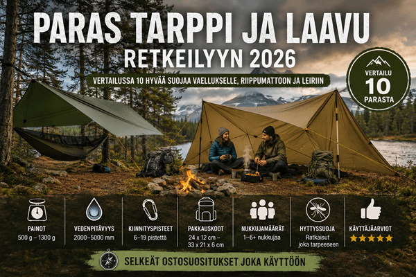 Paras tarppi ja laavu retkeilyyn 2026: vertailussa 10 hyvää suojaa vaellukselle, riippumattoon ja leiriin